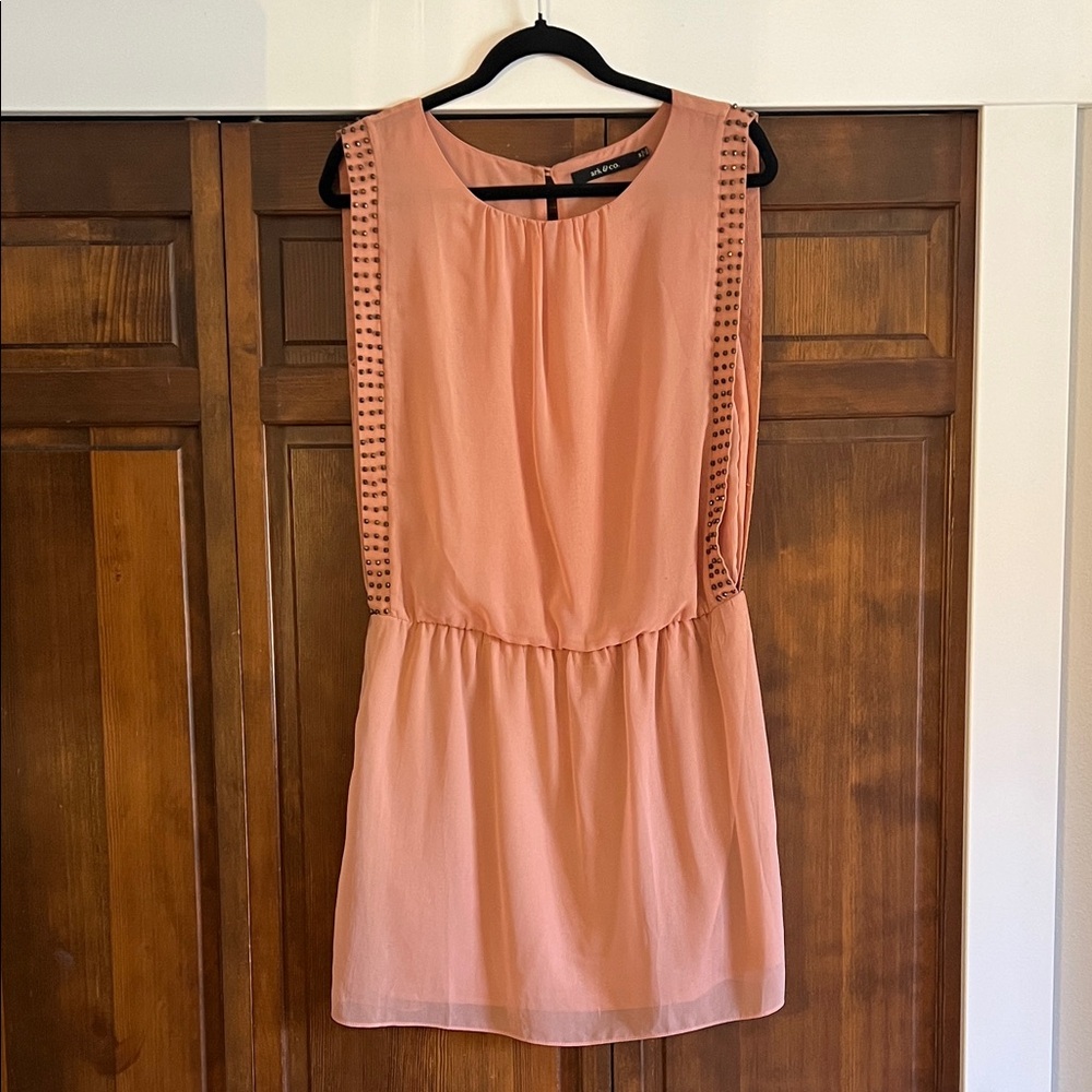 Peach Sleeveless Chiffon Mini Dress with Studded Trim